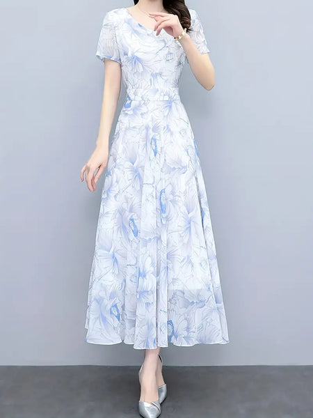 花柄シフォンワンピース、春夏用カジュアルVネック半袖ワンピース、婦人服【MPFA2403223】