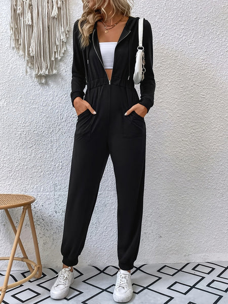 Solid Zipper Hooded Jumpsuit、Casual Long Sleeve Slant Pockets Jumpsuit、Women's Clothing【MPFA24060157】