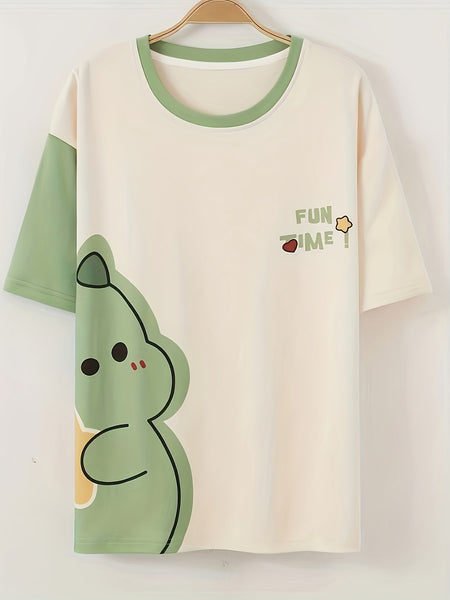 かわいい恐竜とレタープリントルーズフィットパジャマセット、カジュアル半袖ラウンドネックTシャツ&ショーツ、レディースパジャマ【MPFI24060708】