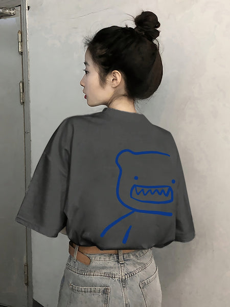 春夏にぴったりのカジュアルなショートスリーブTシャツ、かわいいベアプリントのクルーネックTシャツ、女性用の服【MPFA24060329】