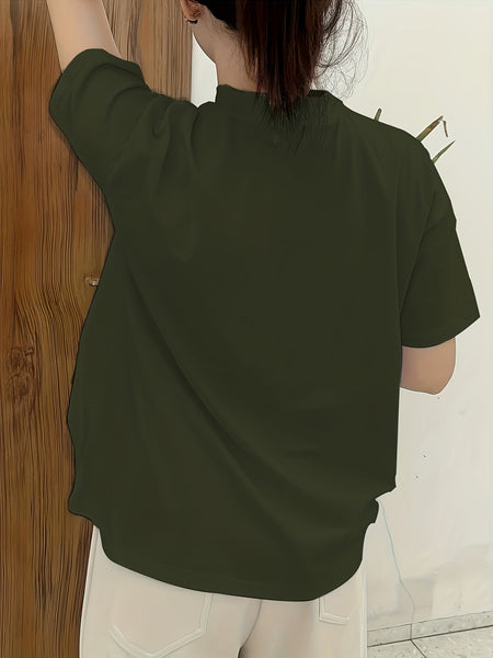 Solid Mock Neck Tシャツ、春夏用のカジュアルな半袖トップ、女性用衣料品【MPFA24060255】