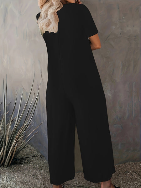 Solid Crew Neck Loose Jumpsuit、春夏用のカジュアルなショートスリーブジャンプスーツ、女性用の衣服【MPFA24060154】