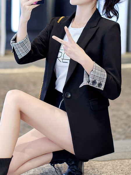 One Button Lapel Blazer、エレガントなオープンフロントのワークオフィスアウターウェア、女性の衣服【MPFA24060548】