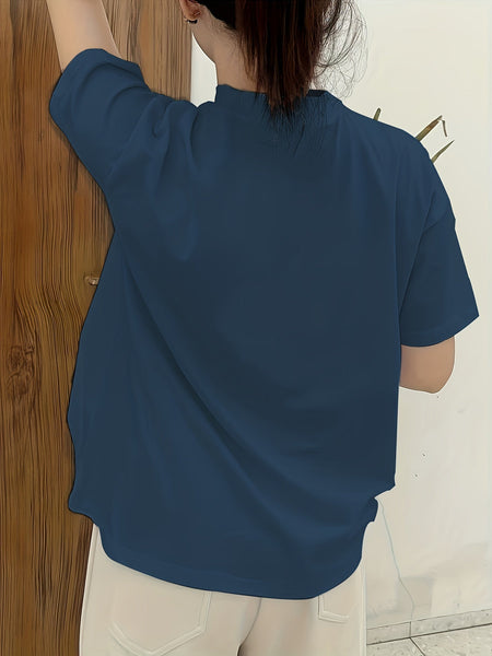 Solid Mock Neck Tシャツ、春夏用のカジュアルな半袖トップ、女性用衣料品【MPFA24060255】