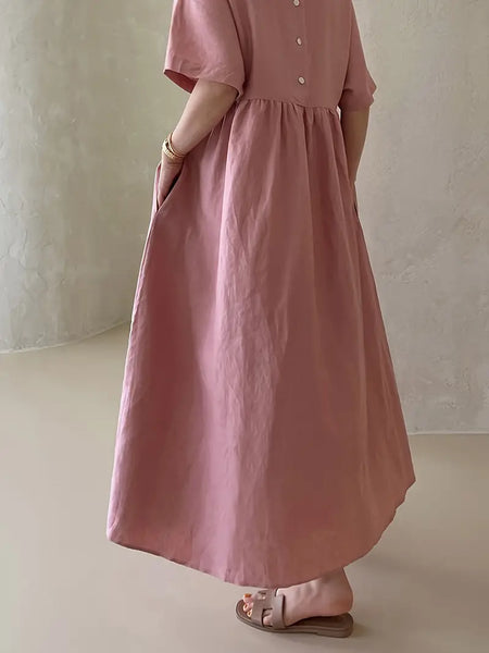 春夏にぴったりのカジュアルなボタンバックドレス、ソリッドカラーのクルーネックルーズドレス、レディース服【MPFA2403304】