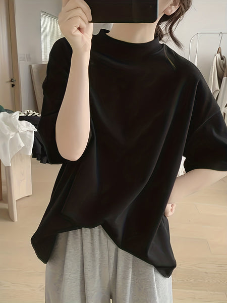 Solid Mock Neck Tシャツ、春夏用のカジュアルな半袖トップ、女性用衣料品【MPFA24060255】