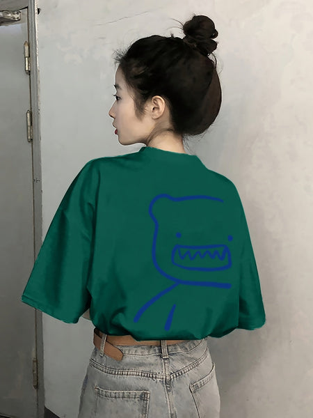 春夏にぴったりのカジュアルなショートスリーブTシャツ、かわいいベアプリントのクルーネックTシャツ、女性用の服【MPFA24060329】