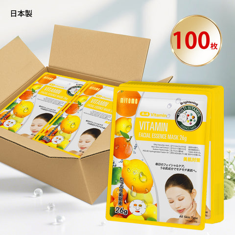MITOMO<日本製＞ ナチュラルビタミンブライトニングフェイシャルエッセンスマスク/100枚- 肌を明るく輝かせる天然ビタミンで美しい肌へ！【MTSS00516-A-4x010】