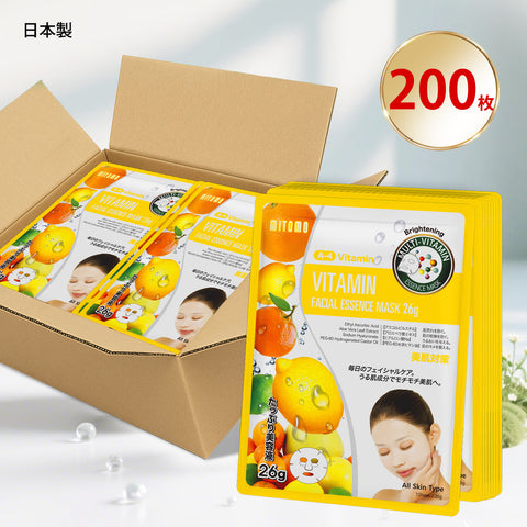 MITOMO<日本製> ナチュラルビタミンブライトニングフェイシャルエッセンスマスク/200枚- 肌を明るく輝かせる天然ビタミンで美しい肌へ！【MTSS00516-A-4x020】