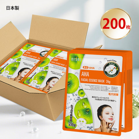 MITOMO <日本製>　ナチュラルAHAポアケアフェイシャルエッセンスマスク/200枚- 自然のAHAパワーで毛穴ケア！100枚/肌をしっかり保湿し、健康な毛穴を実現！【MTSS00516-B-2x020】