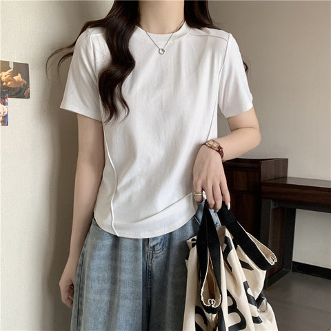 3個ソリッドカービーヘムTシャツ、夏と春用カジュアル半袖クルーネックトップ、婦人服【MPFA2403050】