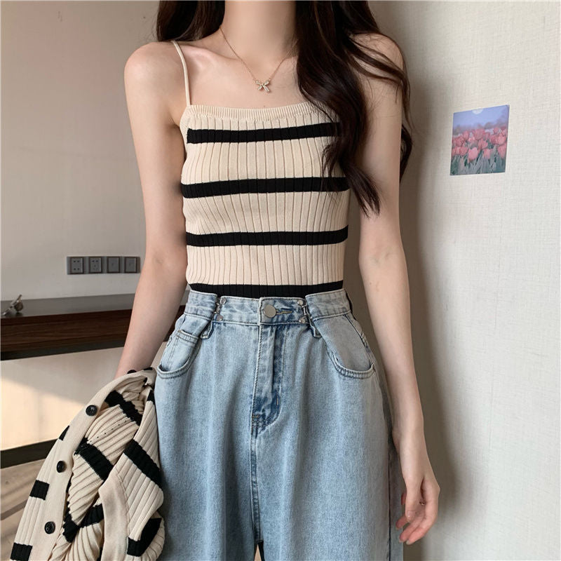 2個Striped Pattern Crop Cami Top、夏に最適な多目的なスパゲッティストラップトップ、女性用衣料品【MPFA2403161】