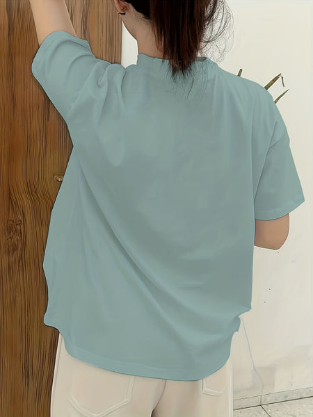 Solid Mock Neck Tシャツ、春夏用のカジュアルな半袖トップ、女性用衣料品【MPFA24060255】