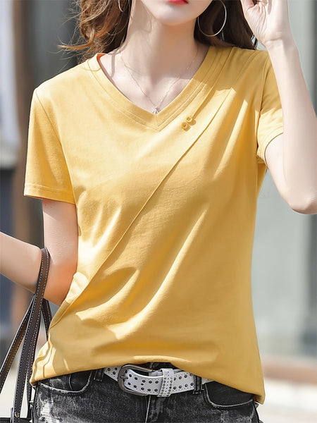 ソリッドボタンディテールTシャツ、Vネック半袖コットンカジュアルトップス、婦人服【MPFA24060286】