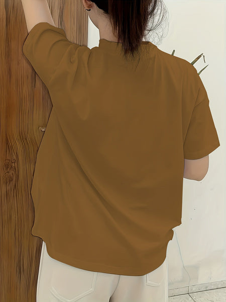 Solid Mock Neck Tシャツ、春夏用のカジュアルな半袖トップ、女性用衣料品【MPFA24060255】