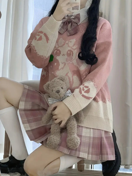 バレンタインデーのかわいいウサギのパターンのセーター、秋冬用のクルーネック長袖セーター、女性用の服。【MPFA2403450】