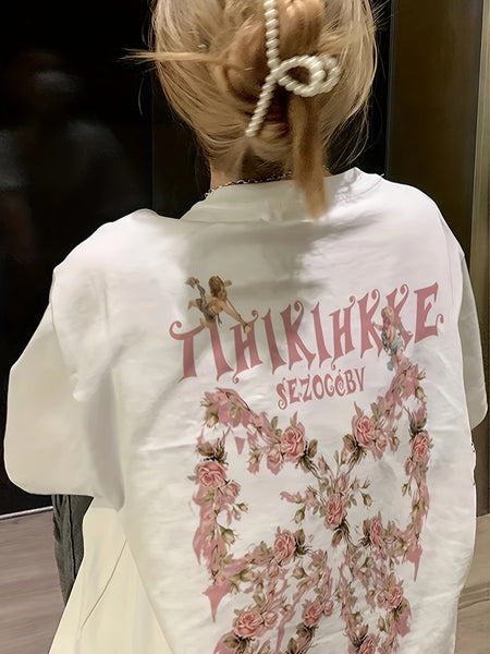 花柄と蝶々のプリントが施されたクルーネックTシャツ、カジュアルな半袖の夏の日常トップス、女性用の服【MPFA24060344】