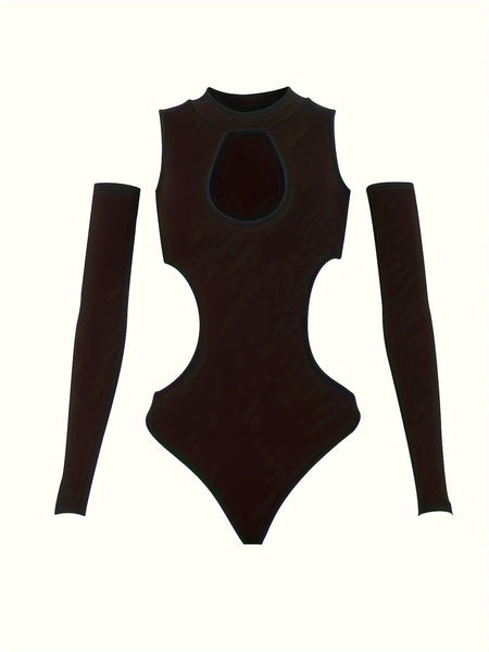 Solid Cut Out Bodysuit、Casual Long Sleeve Mock Neck 1pc Bodysuit、Women's Clothing【MPFA24060456】