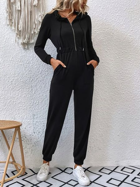 Solid Zipper Hooded Jumpsuit、Casual Long Sleeve Slant Pockets Jumpsuit、Women's Clothing【MPFA24060157】