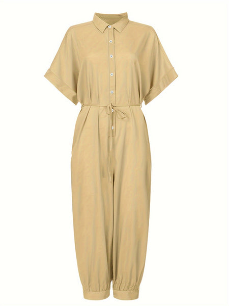 Solid Single Button Belted Jumpsuit、春夏用のカジュアルなショートスリーブジョガージャンプスーツ、女性用の服【MPFA24060155】