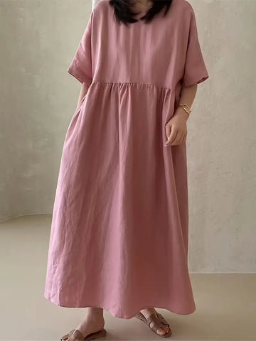 春夏にぴったりのカジュアルなボタンバックドレス、ソリッドカラーのクルーネックルーズドレス、レディース服【MPFA2403304】