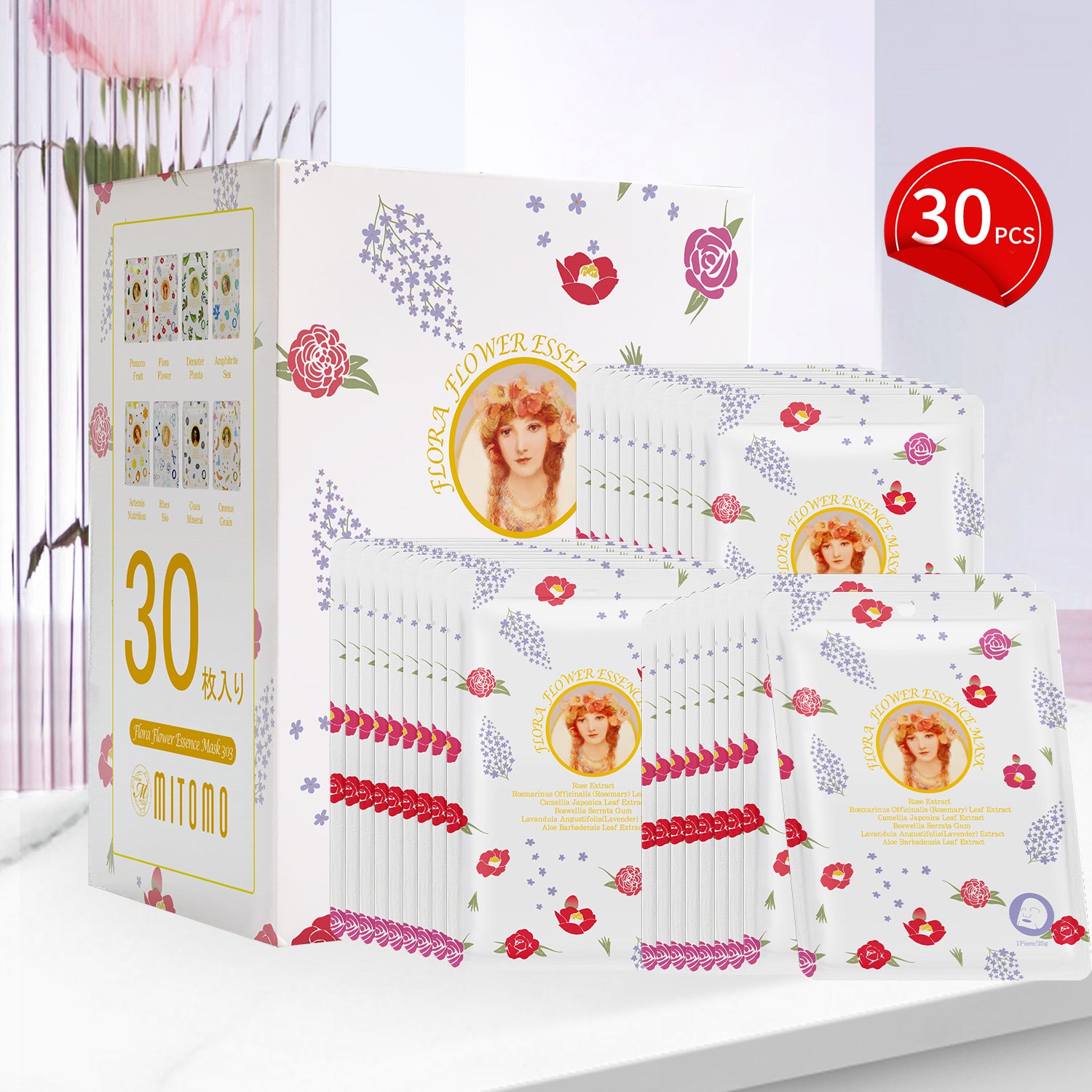 MITOMO <日本製>ミトモ めがみ303 Rose ローズ フラワーフラワーエッセンスマスク 常備用 輝きあふれる肌 フェイスパック フローラ メガミ/1枚入りx30個【MGSS00303-B-025x003】