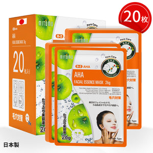 MITOMO <日本製>ナチュラルAHAポアケアフェイシャルエッセンスマスク/20枚- 自然のAHAパワーで毛穴ケア！肌をしっかり保湿し、健康な毛穴を実現！【MTSS00516-B-2x002】