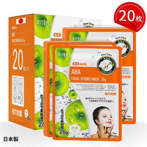 MITOMO <日本製>ナチュラルAHAポアケアフェイシャルエッセンスマスク/20枚- 自然のAHAパワーで毛穴ケア！肌をしっかり保湿し、健康な毛穴を実現！【MTSS00516-B-2x002】