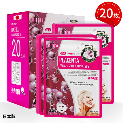 MITOMO <日本製>プラセンタ弾性フェイシャルエッセンスマスク/20枚- 肌を活性化し、弾力性を与えるナチュラルプラセンタ配合【MTSS00516-E-3x002】